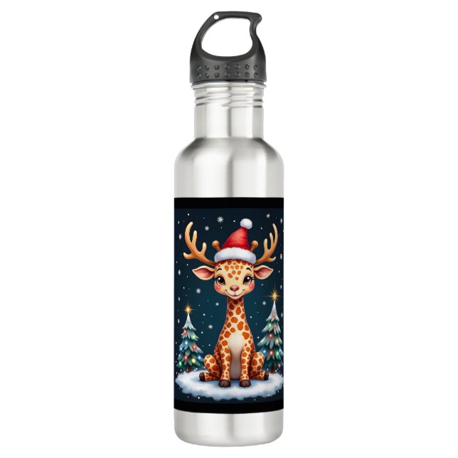 Giraffe Reindeer Hat Santa Christmas Tree Funny Xm Edelstahlflasche (Vorderseite)