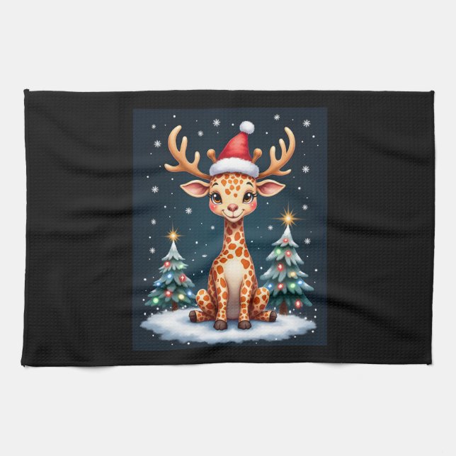 Giraffe Reindeer Hat Santa Christmas Tree Funny Xm Geschirrtuch (Horizontal)