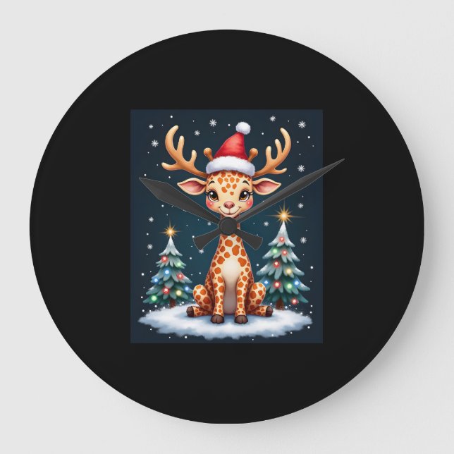 Giraffe Reindeer Hat Weihnachtsbaum Funny Xm Große Wanduhr (Vorderseite)