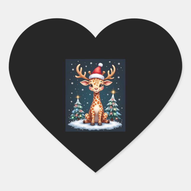 Giraffe Reindeer Hat Weihnachtsbaum Funny Xm Herz-Aufkleber (Vorderseite)