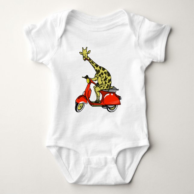 Giraffe reitet auf einem roten Roller Baby Strampler (Vorderseite)