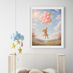 Giraffe rosa schwebende Blumenballons Poster