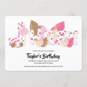 Giraffe rose Troisième anniversaire Invitation de