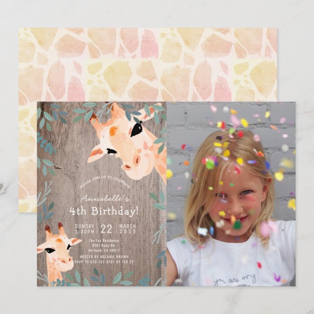 Giraffe Rustic Wood Greenerity Foto Kindergeburtst Einladung (Vorne/Hinten)