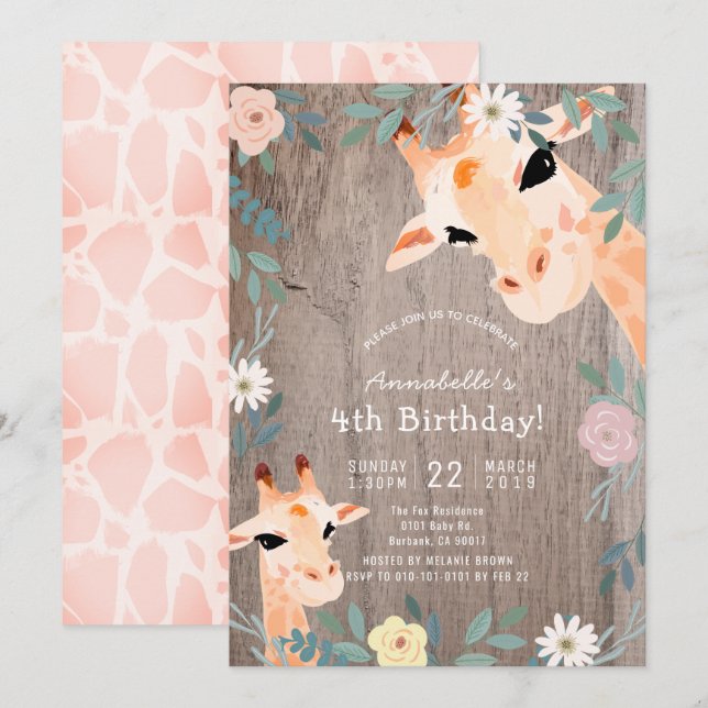 Giraffe Rustic Wood Pink Floral Geburtstag Einladung (Vorne/Hinten)