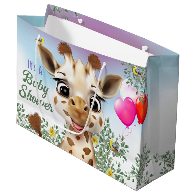 Giraffe Safari Baby Dusche Große Geschenktasche Große Geschenktüte (Vorderseite Schrägansicht)