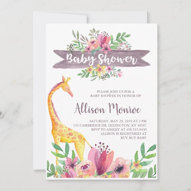 Giraffe Safari Floral Watercolor Babydusche Einladung (Vorderseite)