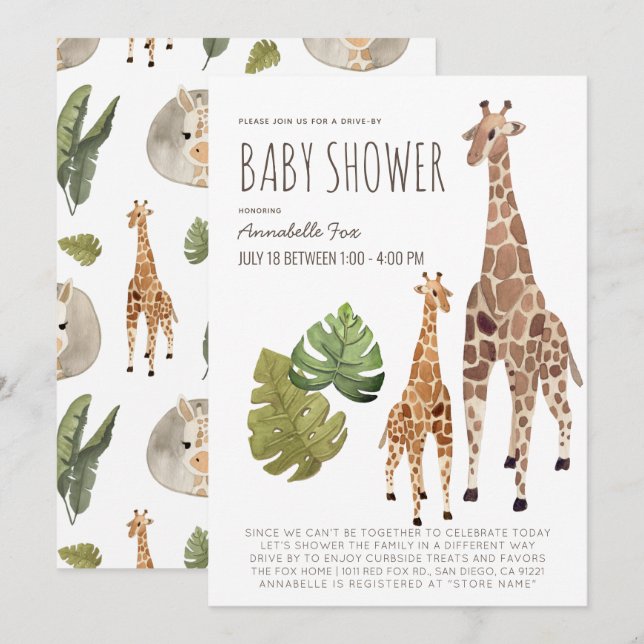 Giraffe Safari Gender-Neutral Drive-by Baby Shower Einladung (Vorne/Hinten)