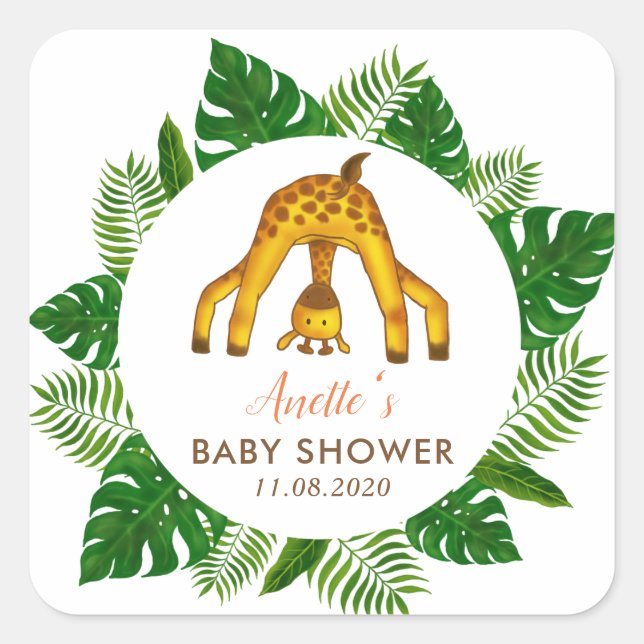 Giraffe Safari Jungle Baby Dusche Quadratischer Aufkleber (Vorderseite)