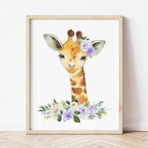 Giraffe, Safari, Lila Blumen, Geschlechtsneutral Poster