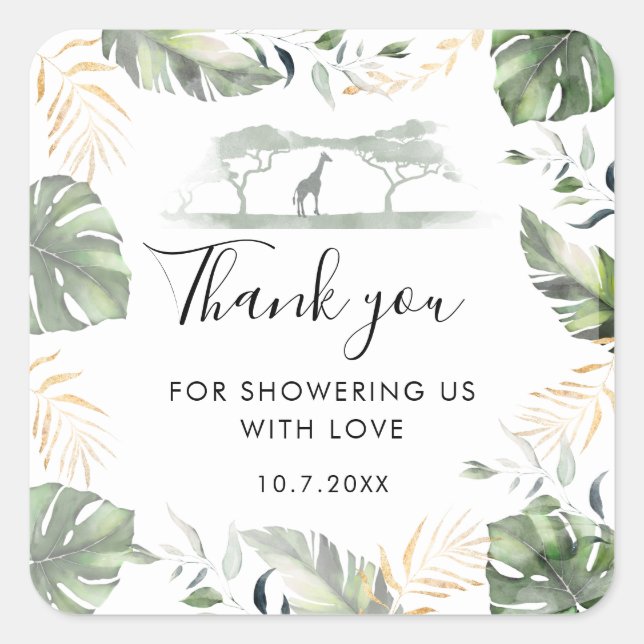 Giraffe Safari Palms Baby Shower Gevor Quadratischer Aufkleber (Vorderseite)