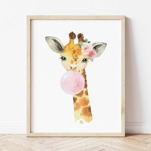 Giraffe, Safari, rosa Kaugummi, Mädchen-Kinderzimm Poster
