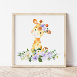 Giraffe, Safari, violette Blumen, neutrale Geschle Fotodruck