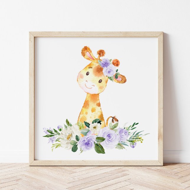 Giraffe, Safari, violette Blumen, neutrale Geschle Fotodruck (Von Creator hochgeladen)