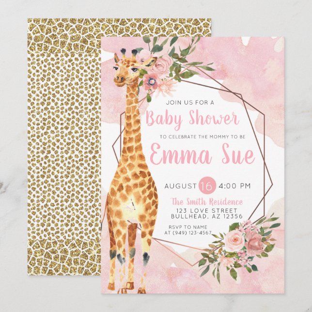 Giraffe Safari Watercolor Kinderdusche Einladung (Vorne/Hinten)