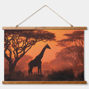Giraffe-Silhouette Sonnenuntergang Safari-Wandkuns Wandteppich Mit Holzrahmen