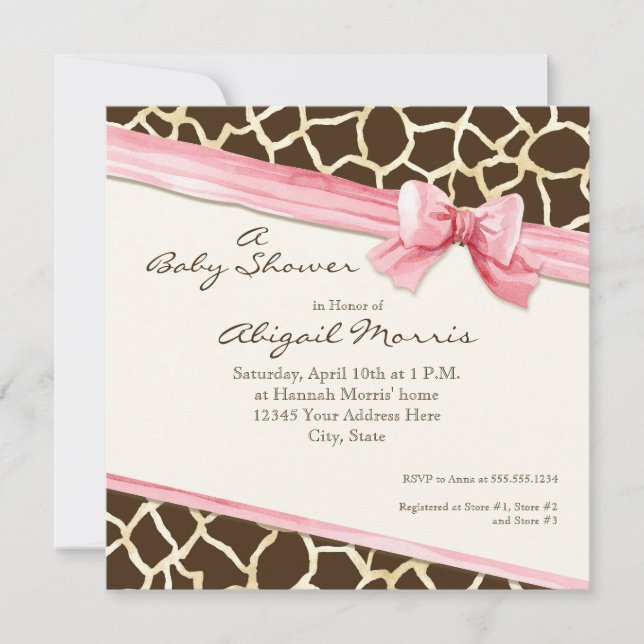 Giraffe Skin Pattern Ribbon n Bow Baby Girl Einlad Einladung (Vorderseite)