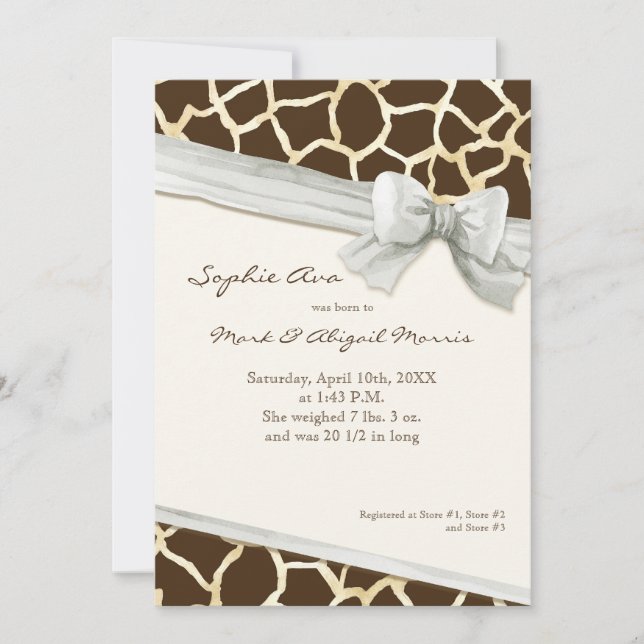 Giraffe Skin Pattern Ribbon n Bow Baby Girl Foto Ankündigung (Vorderseite)