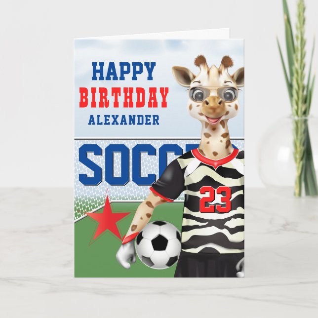 Giraffe Soccer Player Kindergeburtstag Karte (Vorderseite)