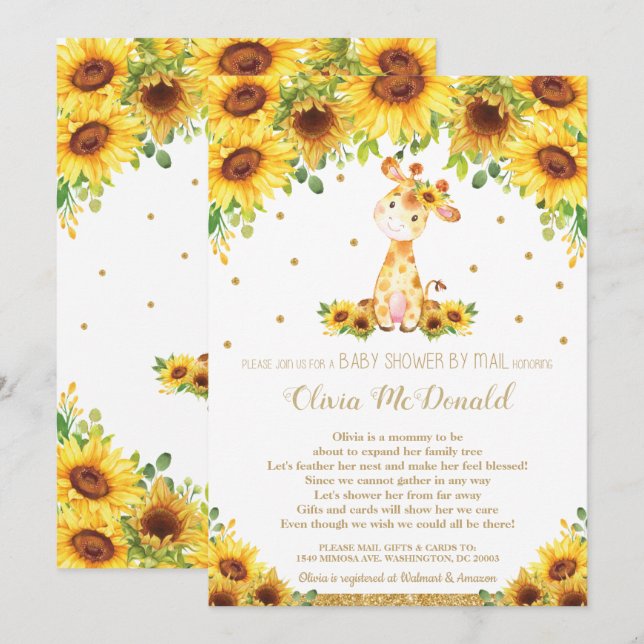 Giraffe Sonnenblume Blumen-Baby-Dusche von Mail Gi Einladung (Vorne/Hinten)