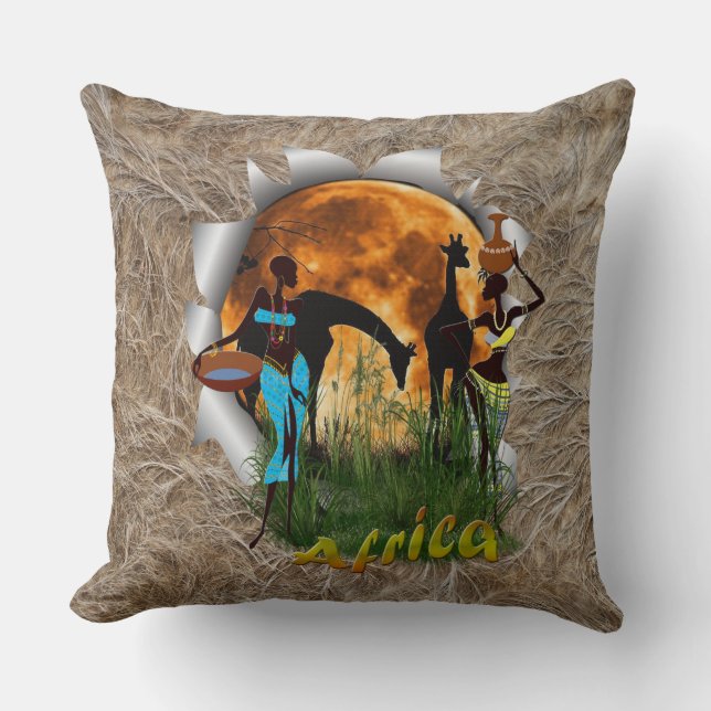 Giraffe, Sonnenuntergang und trendige afrikanische Kissen (Vorderseite)