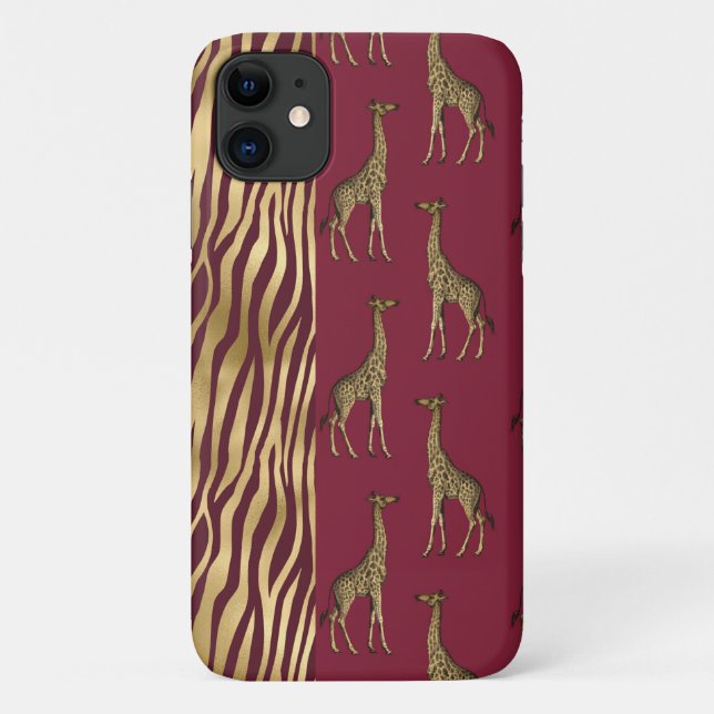 Giraffe & Tiger Print Gold Burgundy Red Chic Case-Mate iPhone Hülle (Rückseite)
