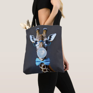 Giraffe trägt Brille, Fliege pustet blaue Kaugummi Tasche