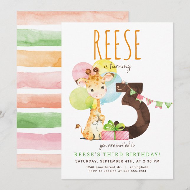 Giraffe Troisième anniversaire de fête Invitation (Devant / Derrière)