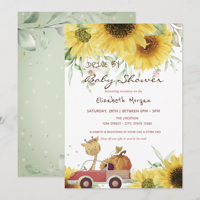 Giraffe Truck Pumpkin Sunflowers Drive Baby Dusche Einladung (Vorne/Hinten)