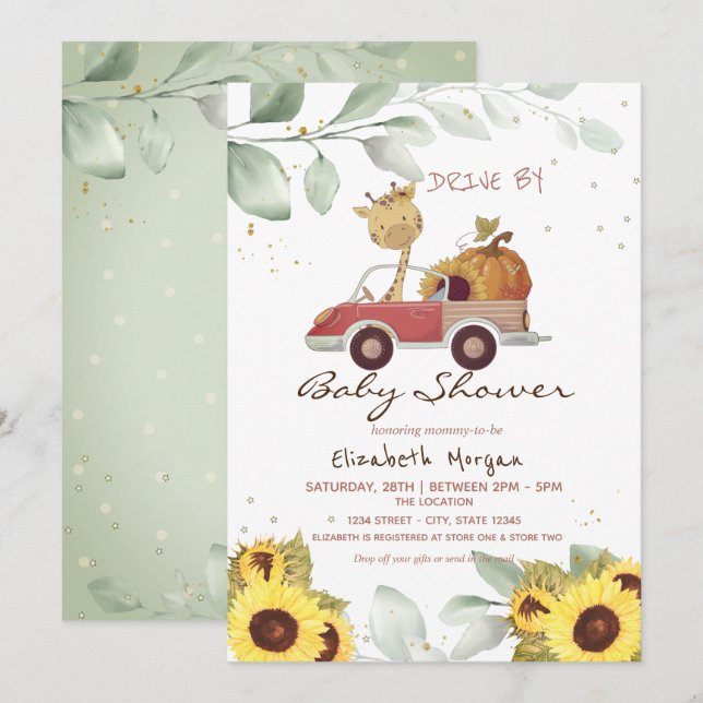 Giraffe Truck Sunflowers Pumpkin Drive Baby Dusche Einladung (Vorne/Hinten)