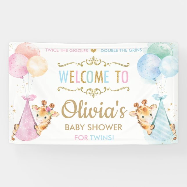 Giraffe Twin Boy Girl Babydusche Begrüßungsgrinsen Banner (Horizontal)