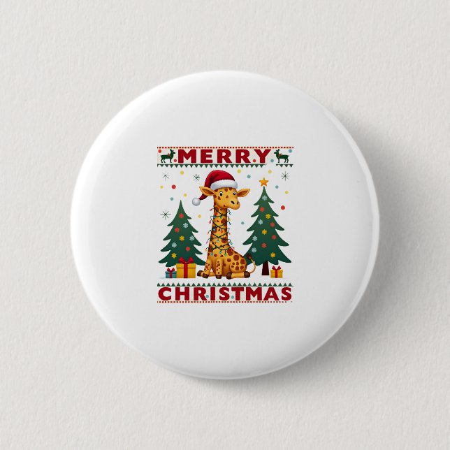 Giraffe Ugly Christmas Sweaters Funny Santa Hat Li Button (Vorderseite)