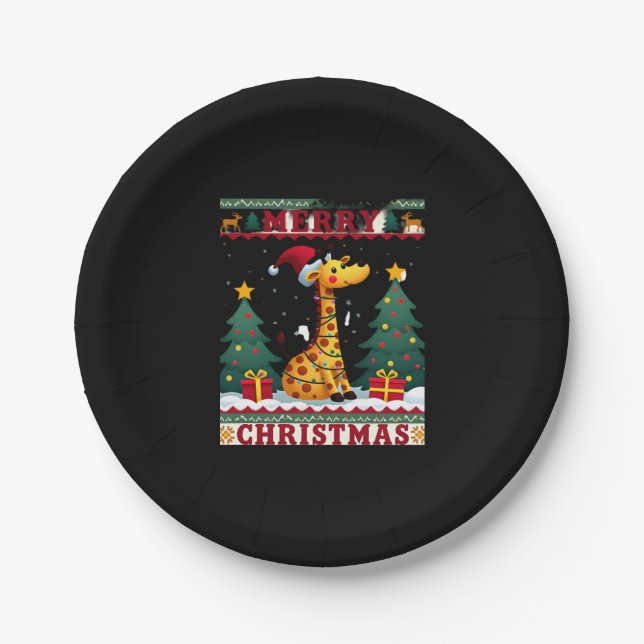 Giraffe Ugly Christmas Sweaters Funny Santa Hat Li Pappteller (Vorderseite)