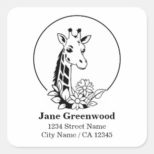 Giraffe und Blumen Name und Adresse Quadratischer Aufkleber