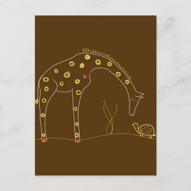 Giraffe und Schildkröte auf braun und gelb Postkarte (Vorderseite)