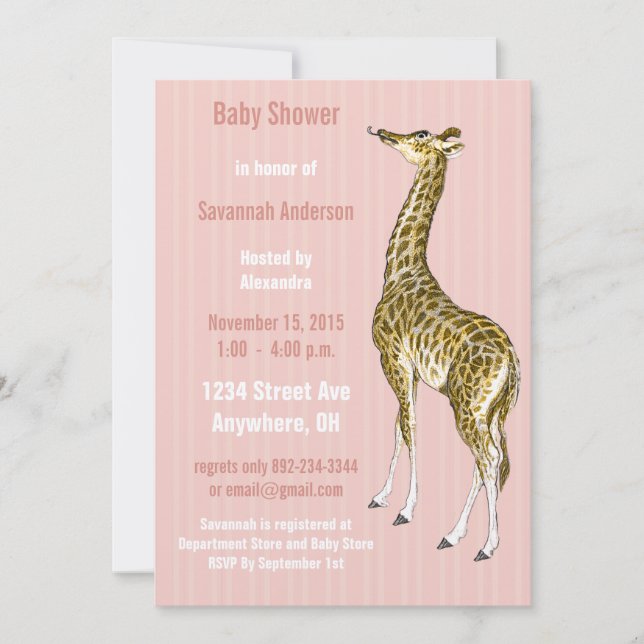 Giraffe vintage Baby Girl Douche Invitations (Devant)