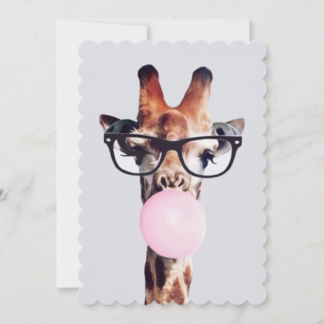 Giraffe Wear Brillen blasen rosa Kaugummi Einladung (Vorderseite)