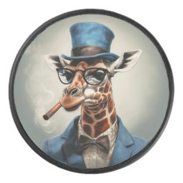 Giraffe wearing a top hat smoking a cigar eishockey puck