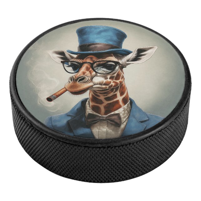 Giraffe wearing a top hat smoking a cigar eishockey puck (3/4)