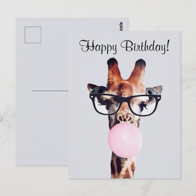 Giraffe Wearing Brillen Blasgum Happy Birthday Postkarte (Vorne/Hinten)