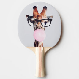 Giraffe wearing glasses blowing a pink bubble gum tischtennis schläger