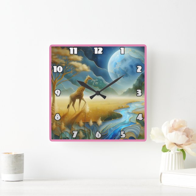 Giraffe Weide unter einem lebhaften Mond Quadratische Wanduhr (Zuhause)