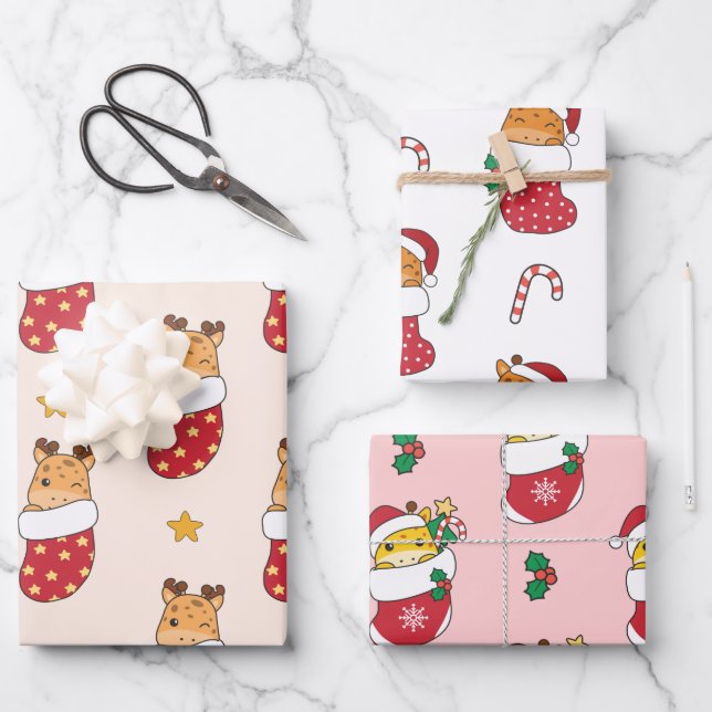 Giraffe Weihnachts-Wintertiere Feiertage Giraffen Geschenkpapier Set (Vorderseite)
