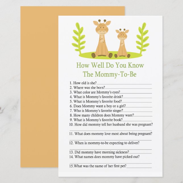 Giraffe Wie gut kennen Sie das Baby-Duschspiel (Vorne/Hinten)