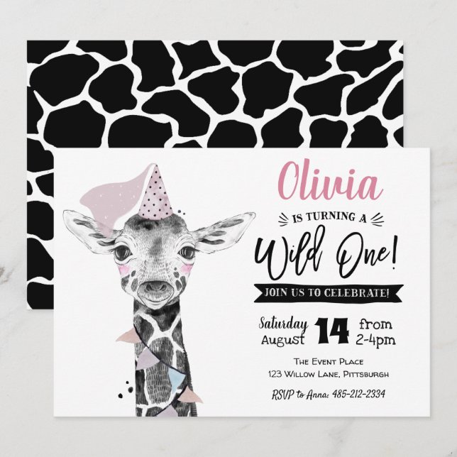 Giraffe Wild One | Invitation d'anniversaire pour  (Devant / Derrière)