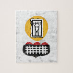 Giraffe wird, wenn Sie Jigsaw Puzzle<br><div class="desc">Niedliche gestreifte Giraffe,  die über eine gelbe kreisförmige Form zeichne. Unterhalb der Giraffe liegt ein schwarzes Endstück mit weißem Crisscross-Muster und rotem Jakobsschnitt.</div>