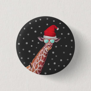 Giraffe With Santa Hat and Sungasse on Black Button
