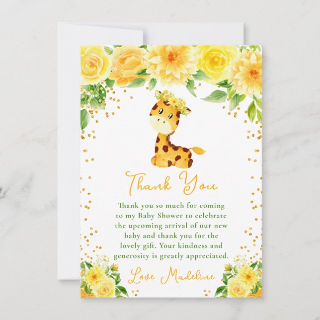 Giraffe Yellow Floral Baby Dusche Dankeskarte (Vorderseite)