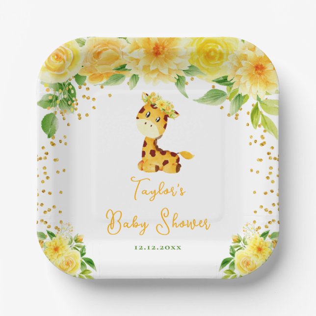 Giraffe Yellow Floral Baby Dusche Pappteller (Vorderseite)