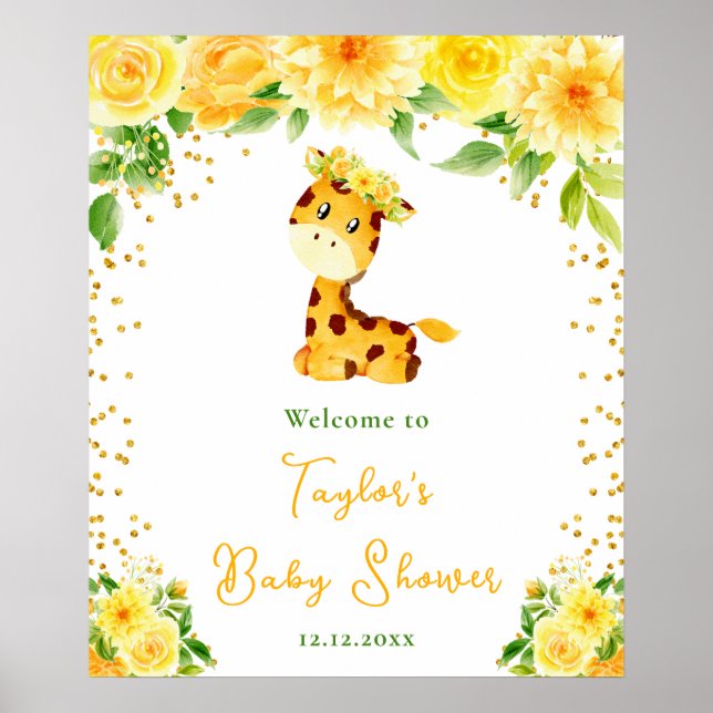 Giraffe Yellow Floral Baby Dusche Willkommen Poster (Vorne)